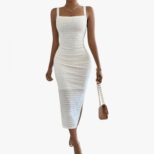 White midi bodycon dress Sleeveless Dress sexy slit square neck small stretchy